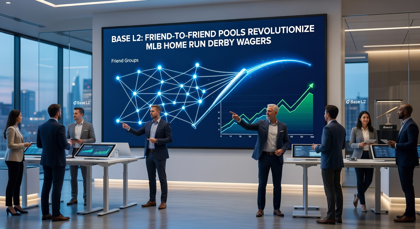 Detaillierte Darstellung eines Friend-to-Friend-Pools auf Base L2, mit Visualisierung von Wetten auf Home Run Derby-Schläger und Echtzeit-Transaktionen