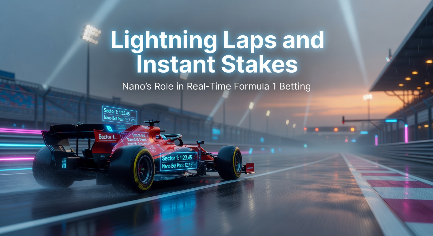 Ein Formel-1-Auto rast mit hoher Geschwindigkeit durch eine Kurve, während im Hintergrund Kryptowährungs-Symbole wie Nano-Logos aufleuchten und Wetten in Echtzeit visualisiert werden