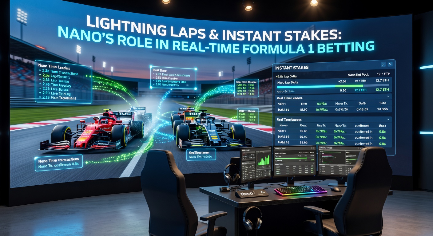Nahaufnahme eines Nano-Transaktionsflusses auf einem Smartphone-Bildschirm, synchronisiert mit Live-Formel-1-Telemetrie-Daten und Wettoptionen für Instant Stakes