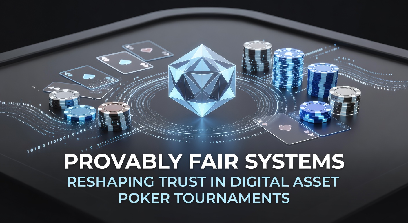 Illustration von Provably-Fair-Systemen in digitalen Poker-Turnieren mit Kryptowährungen und Blockchain-Elementen
