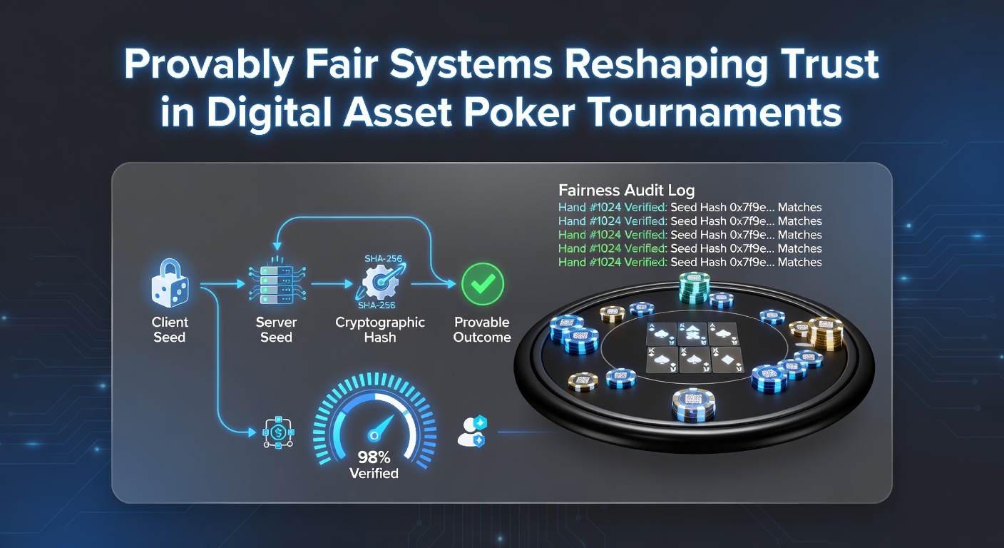 Darstellung einer Blockchain-basierten Poker-Schnittstelle mit Provably-Fair-Verifikation und Krypto-Transaktionen