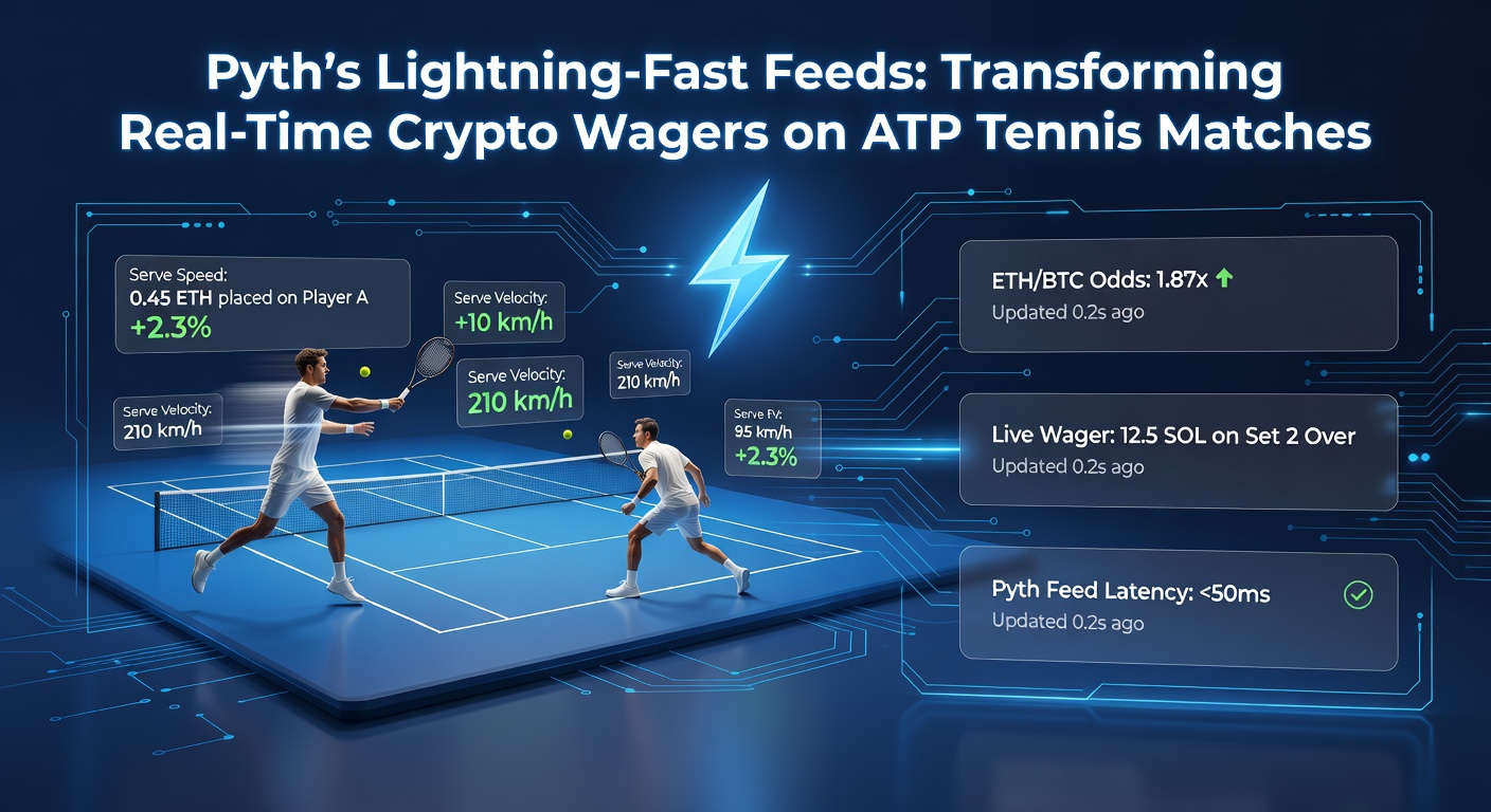 Grafik zeigt Pyths Oracle-Netzwerk mit Echtzeit-Datenströmen für Tennis-Wetten, inklusive ATP-Logos und Krypto-Symbolen