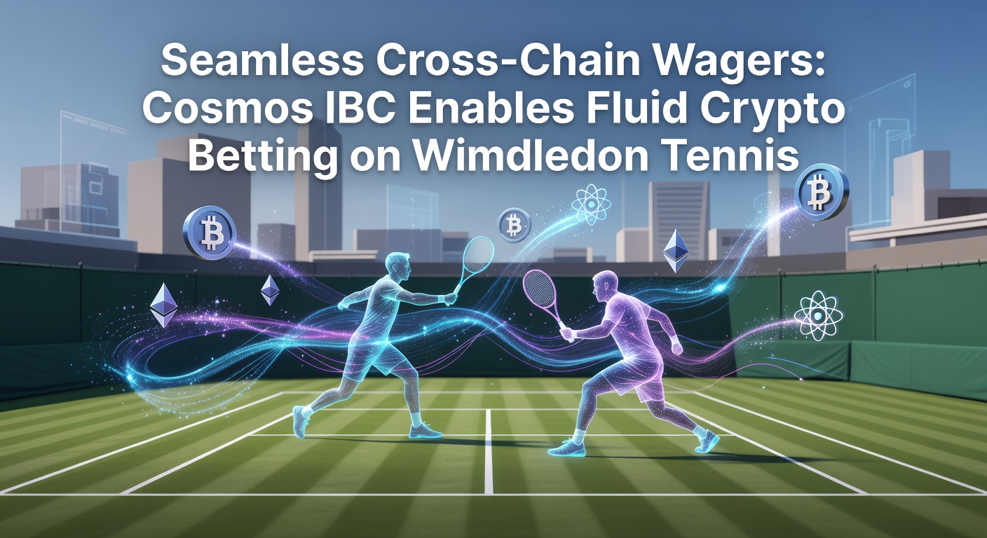 Darstellung von Cosmos IBC-Netzwerk mit Tennisball und Wimbledon-Platz, symbolisierend cross-chain Krypto-Wetten