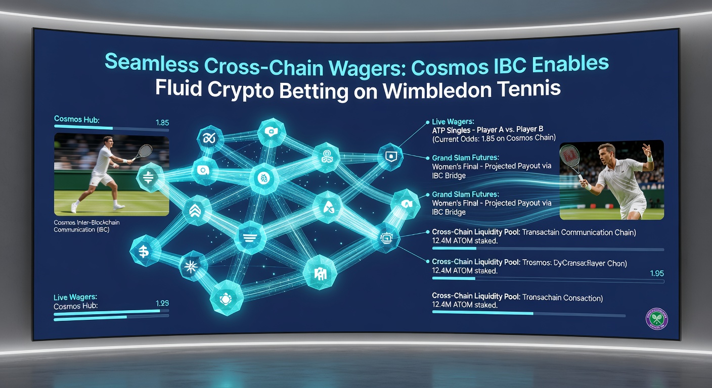 Visualisierung eines Cross-Chain-Wettflusses mit Cosmos IBC, Wimbledon-Spielern und Blockchain-Verbindungen