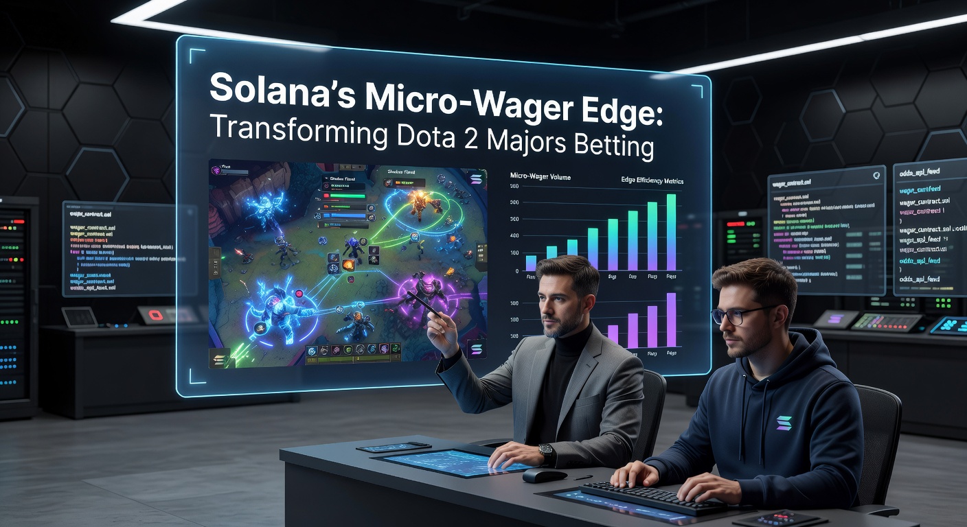 Dynamische Szene eines Dota 2 Majors mit Solana-Integration für Micro-Wetten, belebte Arena und Blockchain-Elemente