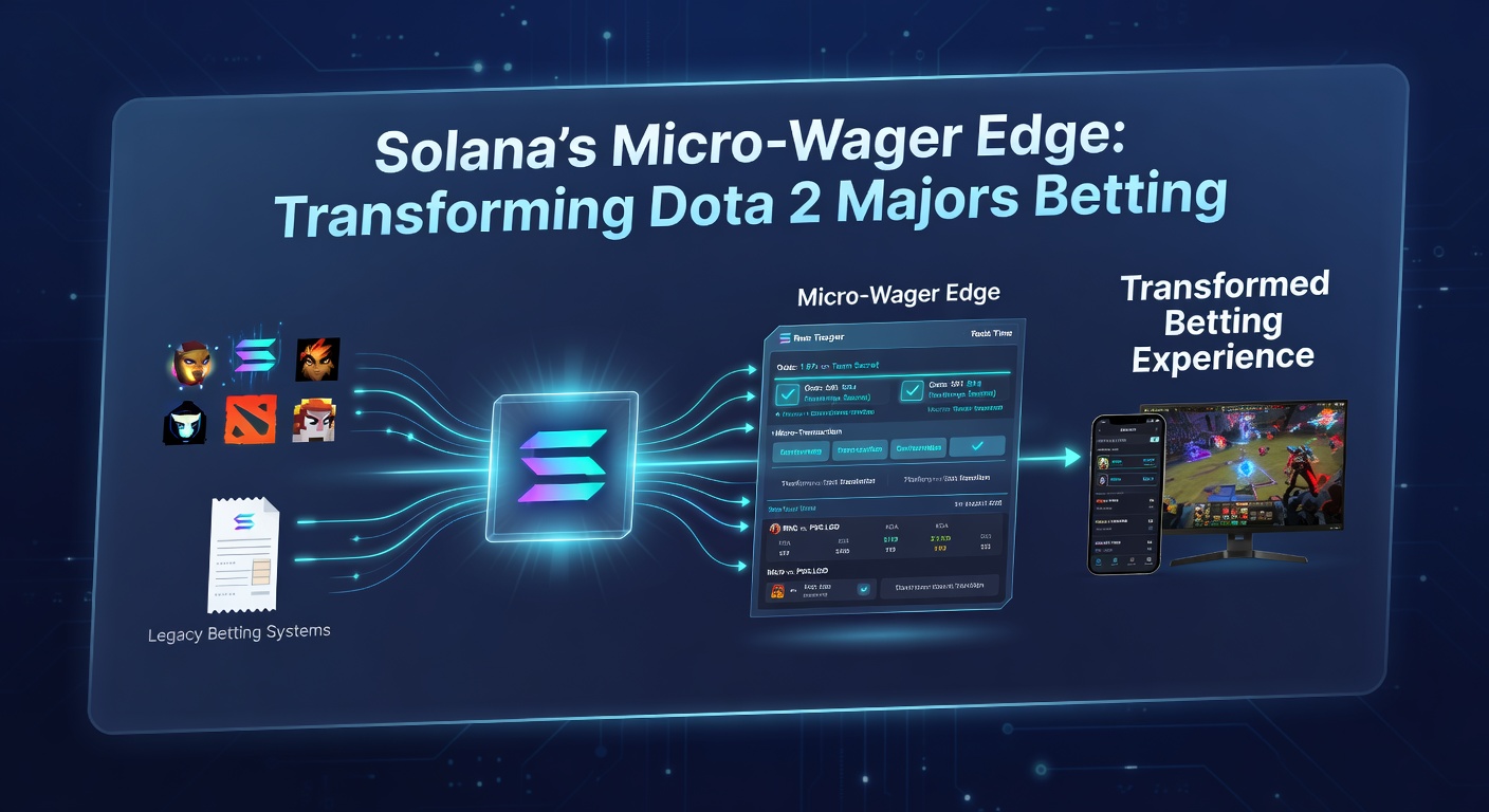 Nahaufnahme von Solana-Transaktionen während eines intensiven Dota 2 Majors, mit Graphen zu Micro-Wager-Volumen und Echtzeit-Charts
