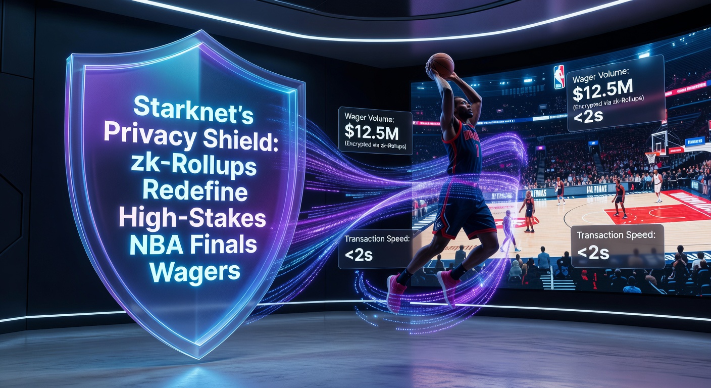 Darstellung von Starknets Privacy Shield bei anonymen NBA-Finals-Wetten mit zk-Rollups