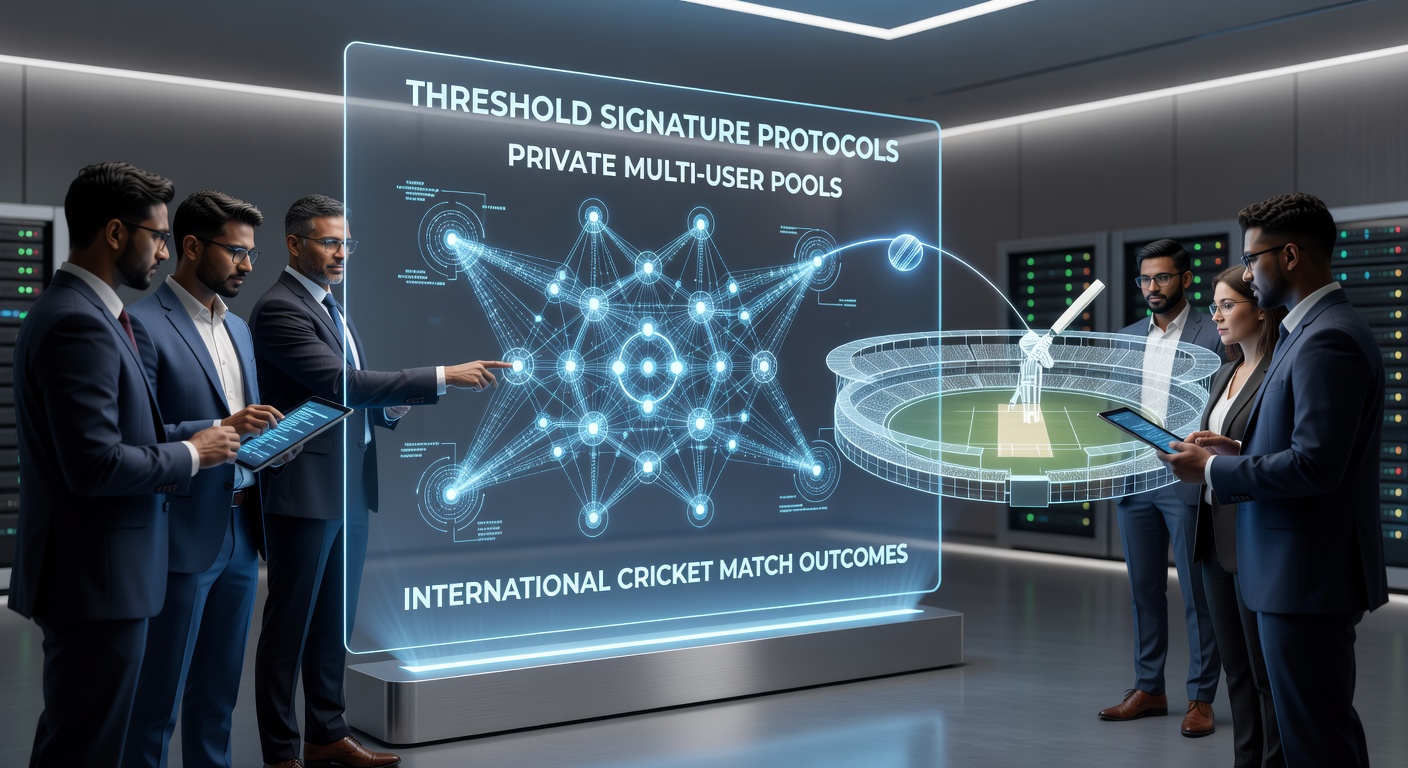 Illustration von Threshold-Signaturprotokollen in Blockchain-Netzwerken für Cricket-Wetten